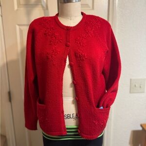 Karen Scott Red Cardigan with Floral Accents